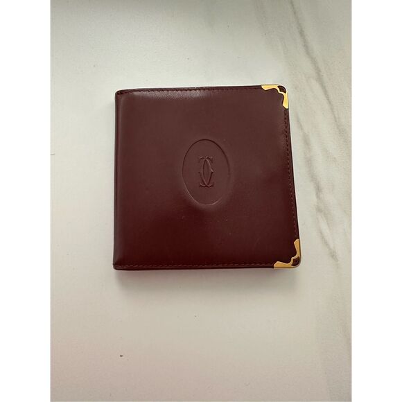 Cartier Leather Credit Card Slot Logo Bifold Coin Wallet Burgundy Red One Size